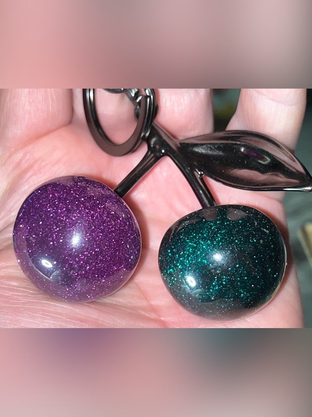 Glitter 2-Tone Cherry Bag Charm/Keychain in Purple & Green